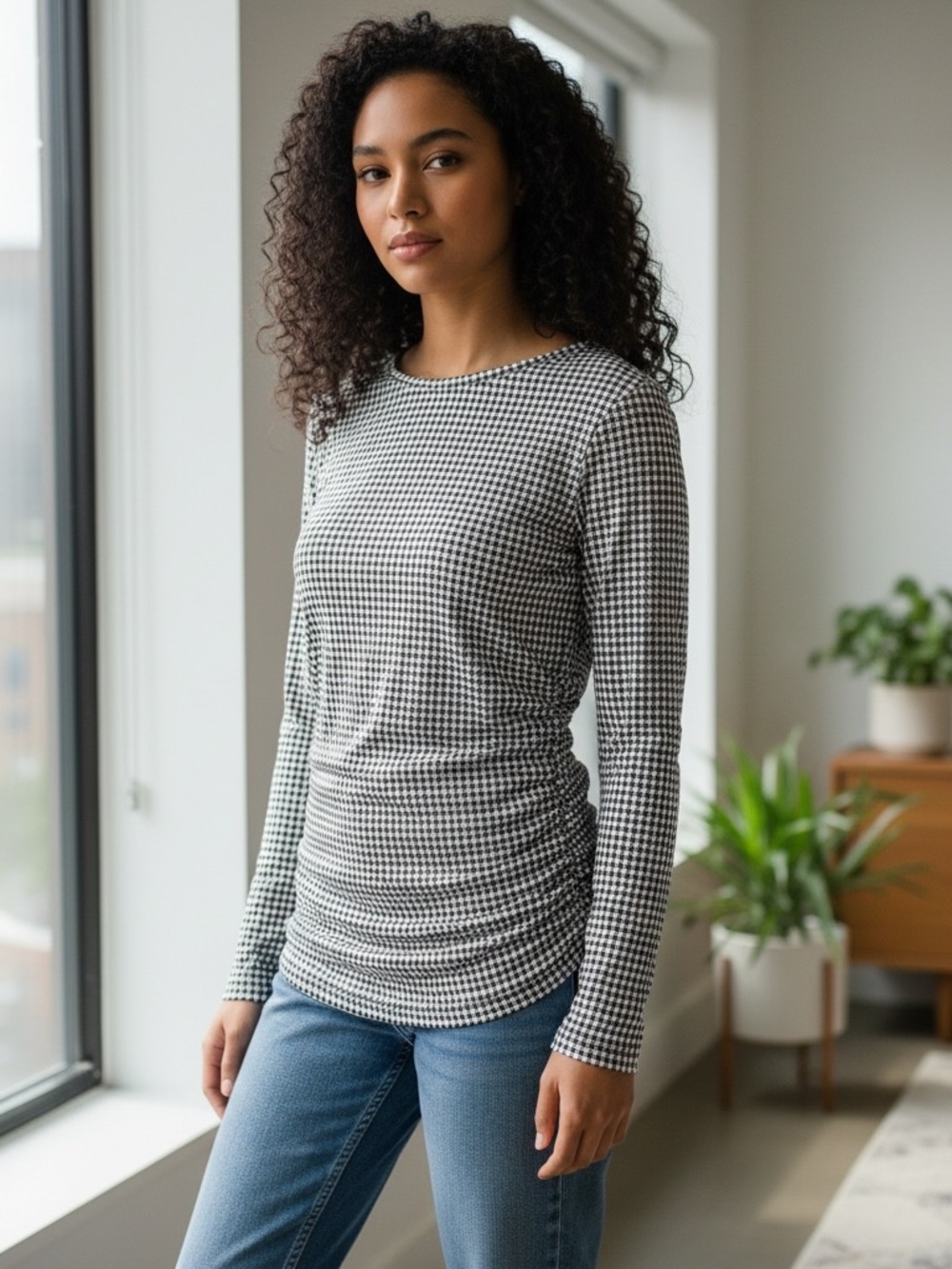 Madewell XL Houndstooth Ruched Side Long Sleeve Top Soft Stretch Minimalist